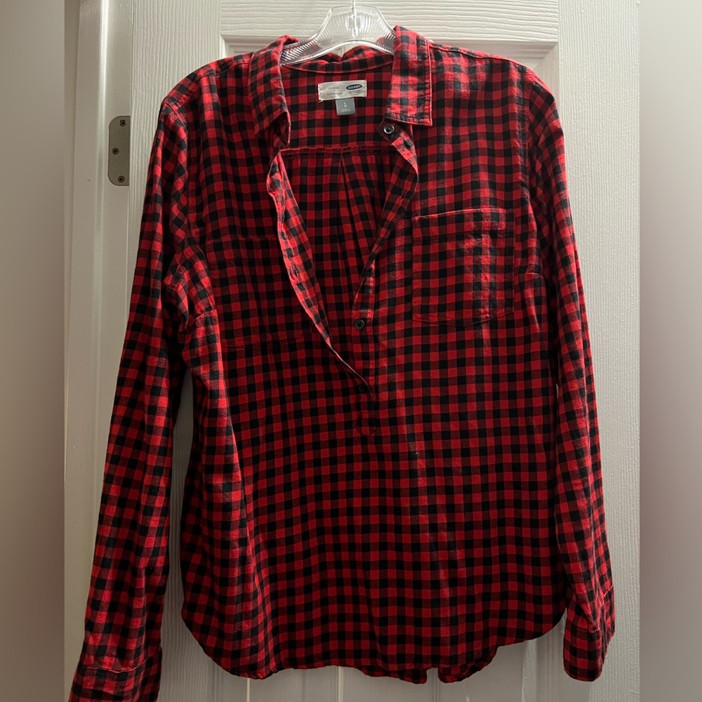 Red and black half button up shirt